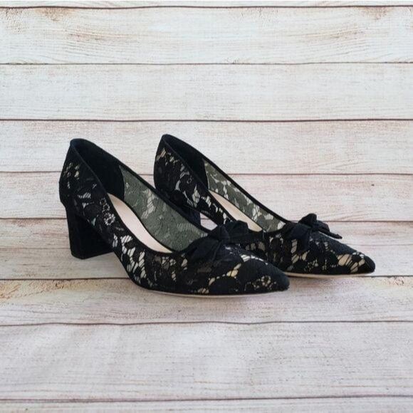 Kate Spade Lace Leather & Suede Pointy Toe Block Heel Shoes Black Size 8 - Picture 1 of 11